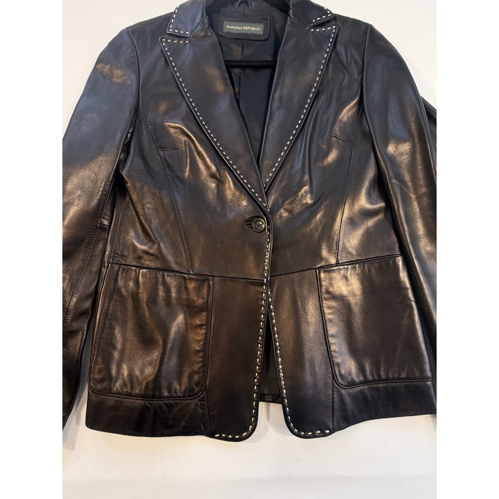 Banana Republic Leather Blazer Women Small Black Excellent Pick Stitch Jacket - Picture 2 of 10